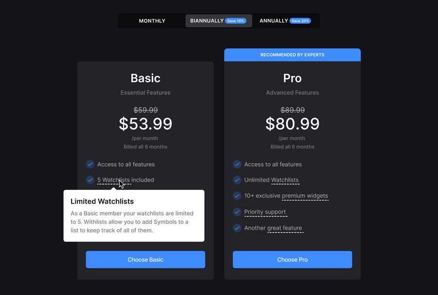 Pricing page tooltip design