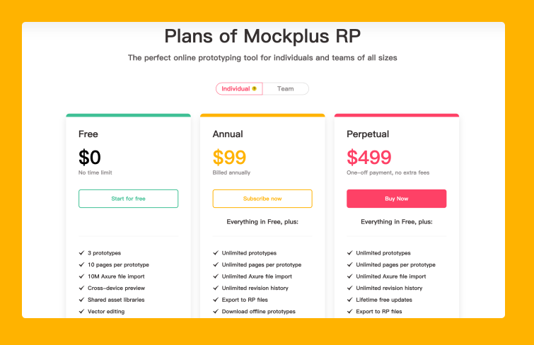  Card design of Mockplus RP's pricing page.