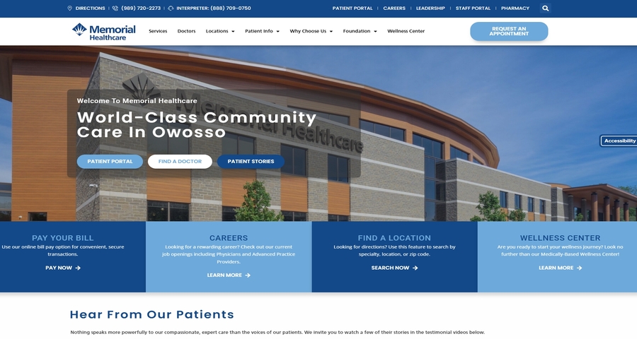 The healthcare website page of Memorial Healthcare System
