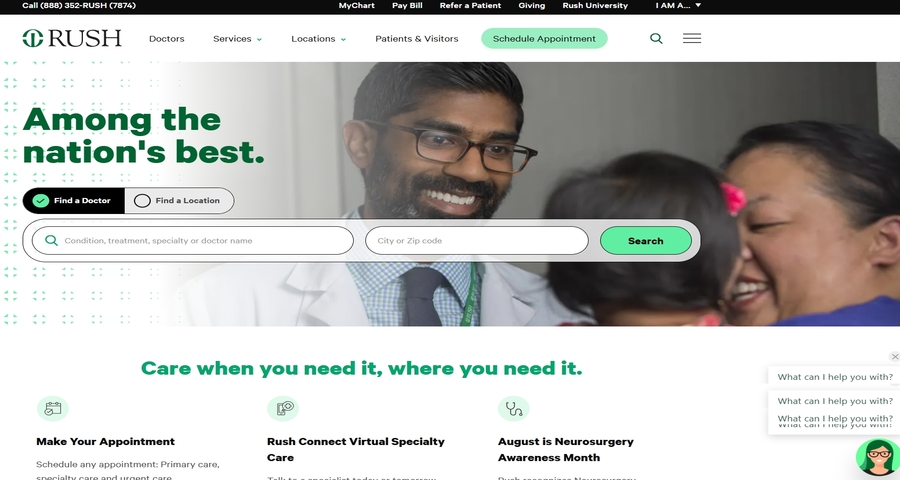 The healthcare website page of Rush