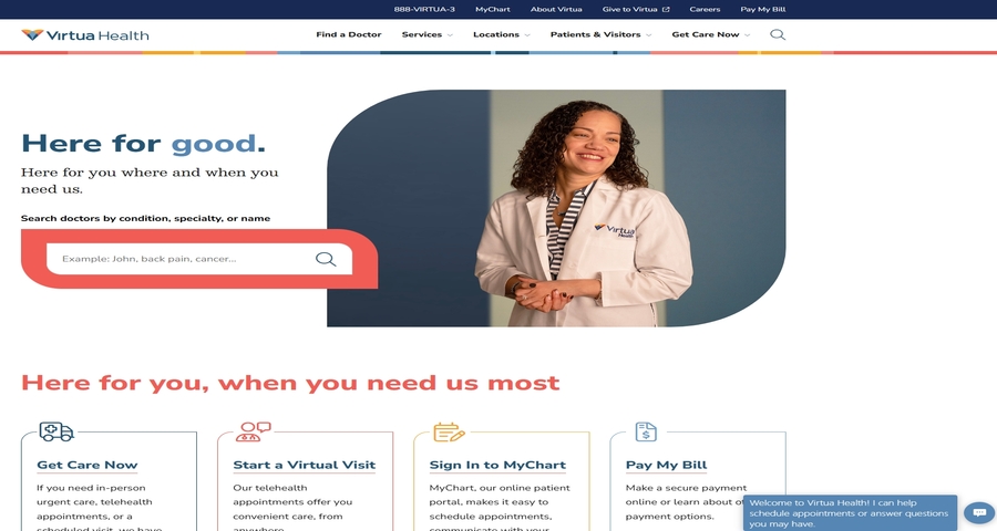 The healthcare website page of Virtua Health