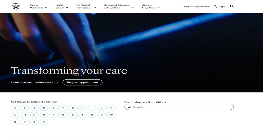 The healthcare website page of Mayo