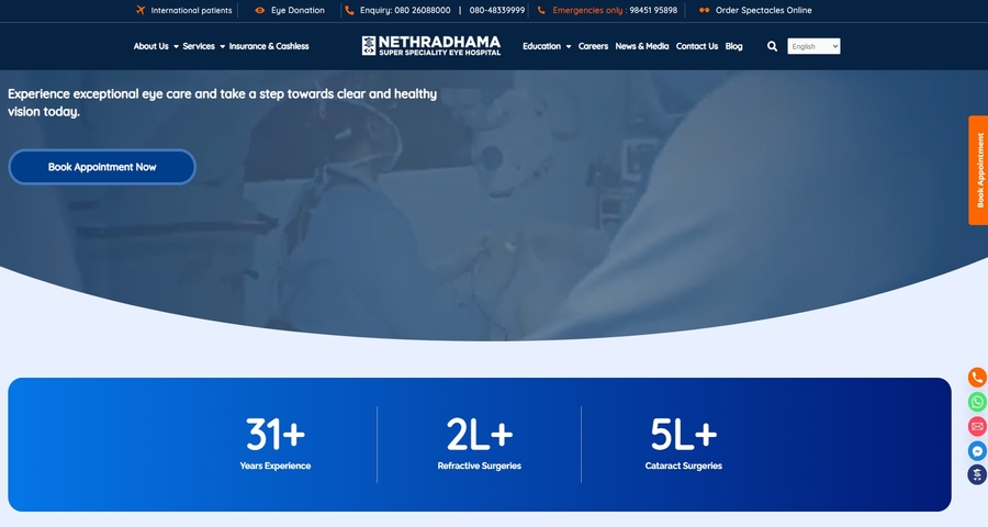 The healthcare website page of Nethradhama Eye Hospital